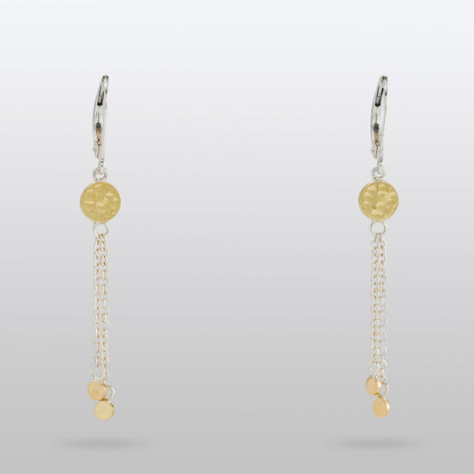 Boucle d'oreilles pendantes, fines, avec trois pleines lunes en or et une chaîne en argent